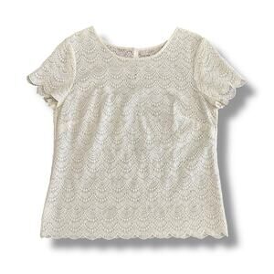 LOFT White Lace Blouse‎ Medium Scallop Hem Short Sleeve Crochet Top Ivory